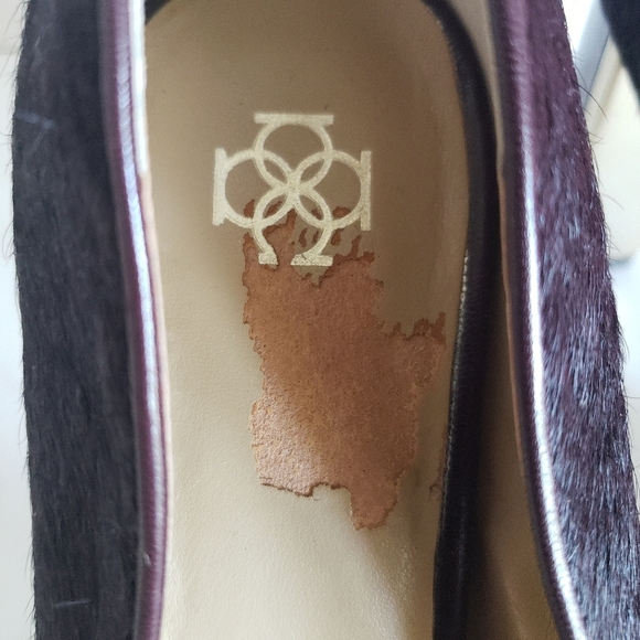 Ann Taylor Sz 8.5 Gold Heel Died Shearling Cow Hair Pumps brown Purple block - Picture 14 of 15